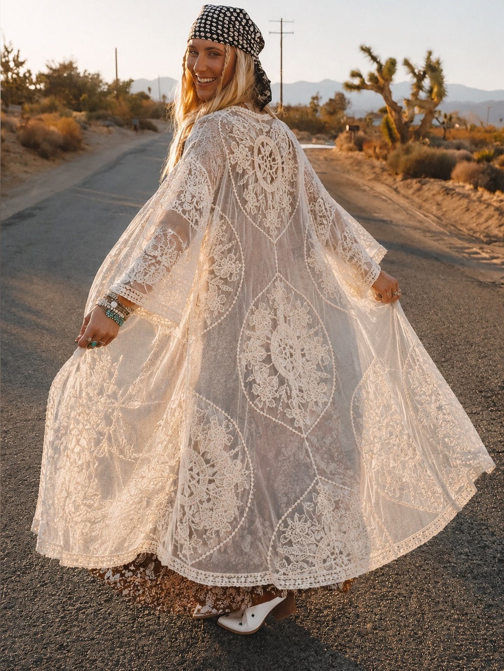 FLORAL BLOOMING Kimono Lace Cover Up Long Duster Beige  Open Front Boho Sz Large - Picture 7 of 17